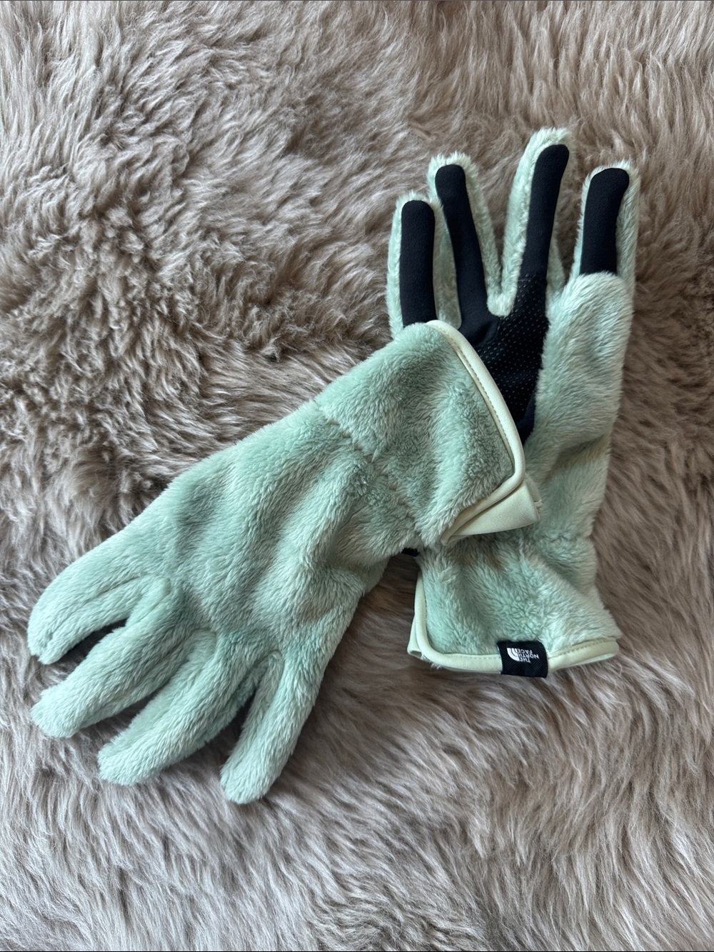 The North Face Kids Mint Green Fleece Mittens with Black Grip